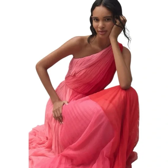 Anthropologie x Hutch Tarina One-Shoulder Tulle Maxi Dress In Red and Pink* - Picture 3 of 4